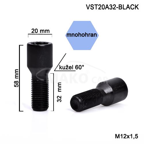Kolový šroub M12x1,5x32 kužel, vnitřní mnohohran (VST20A32-BLACK), výška 58mm