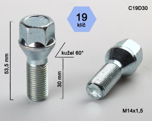 Kolový šroub M14x1,5x30 kužel, klíč 19 (C19D30) výška 53,5mm (8255)