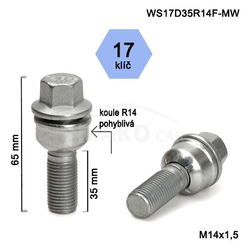 Kolový šroub M14x1,5x35 kulová R14 pohyblivá, klíč 17 (WS17D35R14MW-BPP4) výška 65mm