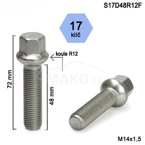 Kolový šroub M14x1,5x48 kulová R12, klíč 17 (S17D48R12-LG9) výška 72mm