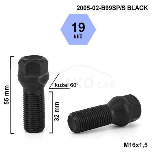 Kolový šroub M16x1,5x32 kužel, klíč 19 (2005-02-B99SP/S BLACK)(B1050) výška 55mm