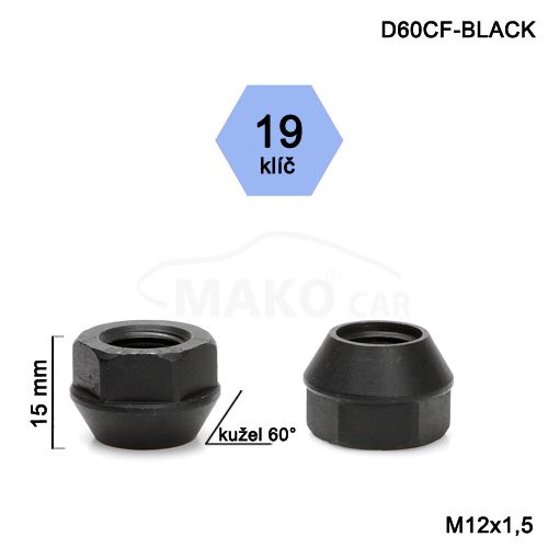 Kolová matice M12x1,5 kužel otevřená, klíč 19 (D60-BLACK-DE29/S) výška 15mm