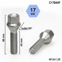 Kolový šroub M12x1,25x40 kužel, klíč 17 (C17B40-SH3BV7/S) výška 66mm
