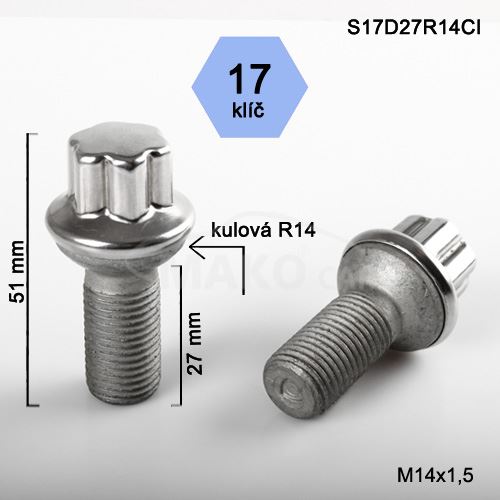 Kolový šroub M14x1,5x27 kulová R14, klíč 17 nerezová krytka (LS17D27R14MB-CI) výška 51mm (1)
