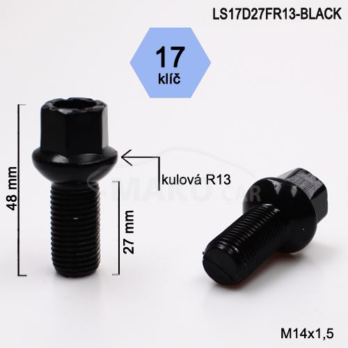 Kolový šroub M14x1,5x27 kulová R13, klíč 17 (LS17D27FR13-BLACK)(B950B) výška 48mm