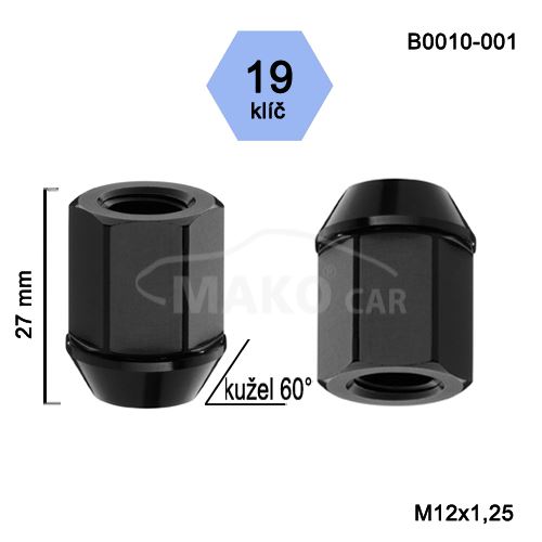 Kolová matice M12x1,25 kužel otevřená odlehčená, klíč 19 (B0010-001) výška 27mm
