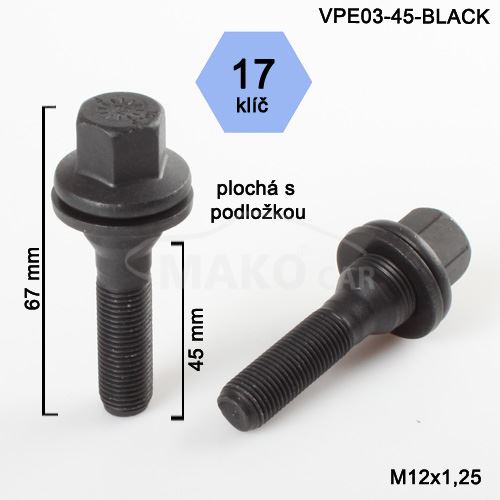 Kolový šroub M12x1,25x45 plochá podložka, klíč 17 (VPE03-45-BLACK-CP3/S) výška 67mm