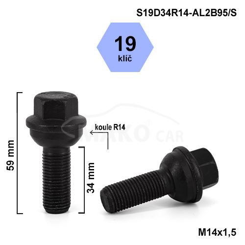 Kolový šroub M14x1,5x34 kulová R14, klíč 19 (S19D34R14-BLACK-AL2B95/S) výška 59mm (1)