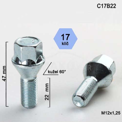 Kolový šroub M12x1,25x22 kužel, klíč 17 (C17B22)(M1225KE22S) výška 47mm