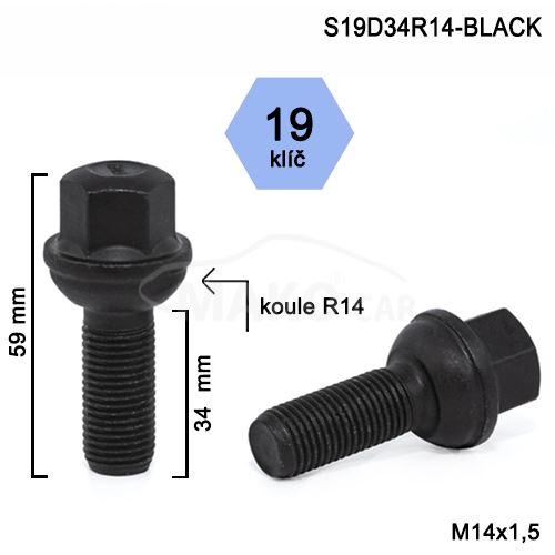 Kolový šroub M14x1,5x34 kulová R14, klíč 19 (S19D34R14-BLACK-AL3B96) výška 59mm (1)