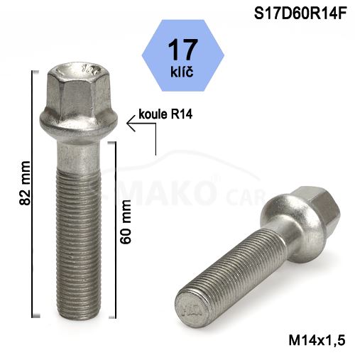 Kolový šroub M14x1,5x60 kulová R14, klíč 17 (S17D60R14-SZ9M) výška 82mm