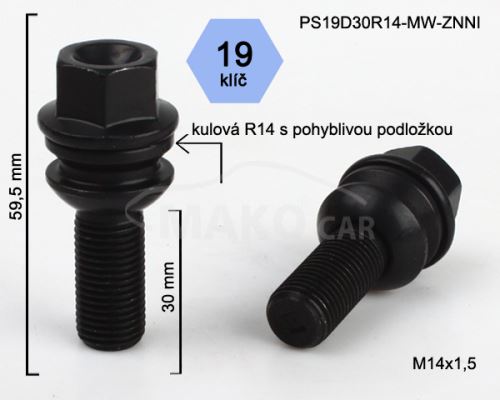 Kolový šroub M14x1,5x30 kulová R14 pohyblivá,klíč 19 (S19D30R14MW-BLACK) výška59,5 (8135)