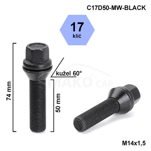 Kolový šroub M14x1,5x48 kužel pohyblivý, klíč 17 (C17D48MW-BLACK-V1415KE48W) výška 74mm