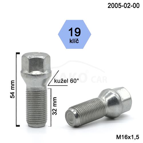 Kolový šroub M16x1,5x32 kužel, klíč 19 (2005-02-B99/S)(B1050) výška 54mm