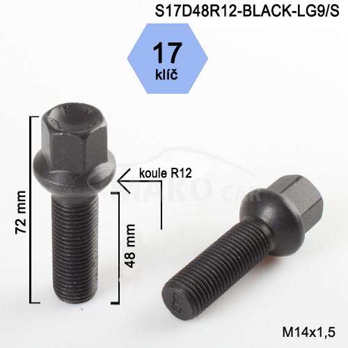 Kolový šroub M14x1,5x48 kulová R12, klíč 17 (S17D48R12-BLACK-LG9) výška 72mm