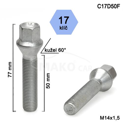 Kolový šroub M14x1,5x50 kužel, klíč 17 (C17D50-B67) výška 77mm