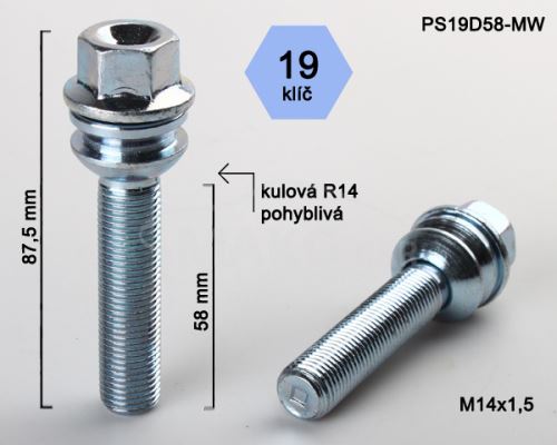 Kolový šroub M14x1,5x58 kulová R14 pohyblivá, klíč 19 (S19D58R14MW) výška 87,5mm (8253)