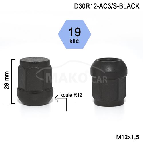 Kolová matice M12x1,5 kulová R12 zavřená, klíč 19 (D30R12-BLACK-AC3/S) výška 28 mm