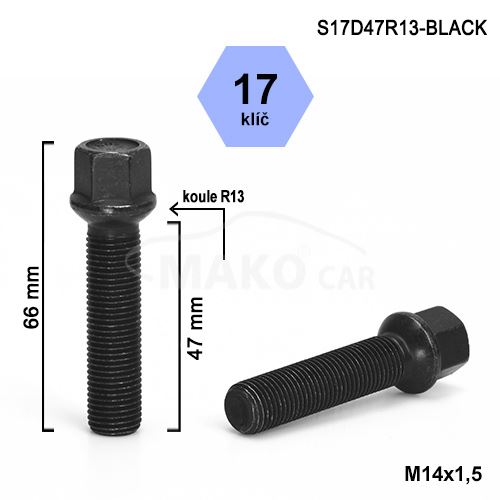 Kolový šroub M14x1,5x47 kulová R13, klíč 17 (S17D47R13-BLACK)(B1133B) výška 66mm