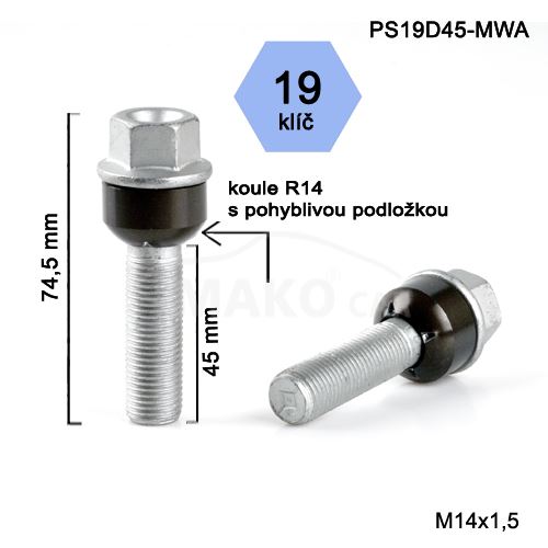 Kolový šroub M14x1,5x45 kulová R14 pohyblivá, klíč 19 (PS19D45-MWA)(B1254G) výška 74,5mm