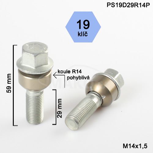 Kolový šroub M14x1,5x29 kulová R14 pohyblivá, klíč 19 (PS19D29R14-BPP15) výška 59mm