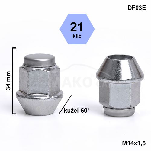Kolová matice M14x1,5 kužel,nerez krytka, klíč 21 (DF03-N513) FORD, výška 34mm (1)