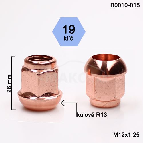 Kolová matice M12x1,25 kulová R13 otevřená poměděná, klíč 19 (B0010-015)(N325R) výška 26mm