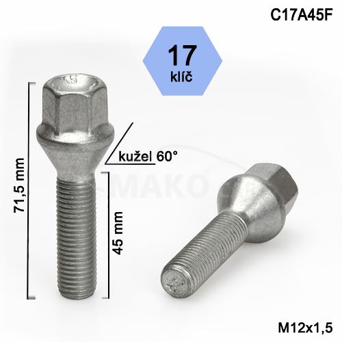 Kolový šroub M12x1,5x45 kužel, klíč 17 (C17A45-SA2B18/S) výška 71,5mm