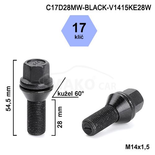 Kolový šroub M14x1,5x28 kužel pohyblivý, klíč 17 (C17D28MW-BLACK-V1415KE28W) výška 54,5mm