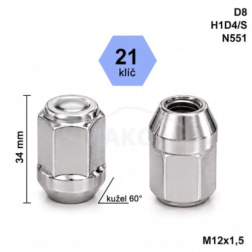 Kolová matice M12x1,5 kužel zavřená, klíč 21 (D8)(H1D4/S)(N551) výška 34mm (8200)
