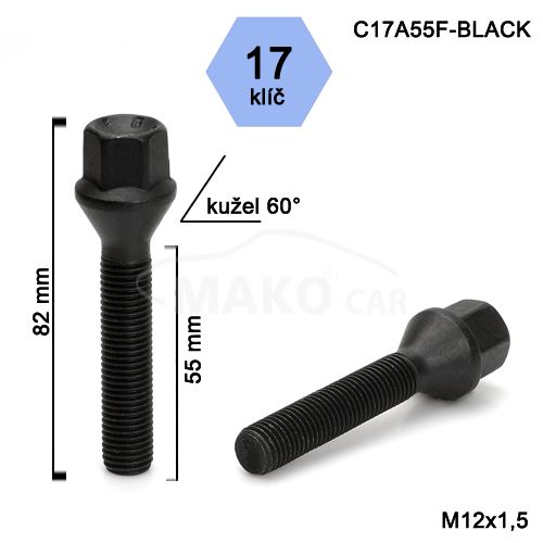 Kolový šroub M12x1,5x55 kužel, klíč 17 (C17A55-BLACK-SA4/S) výška 82mm