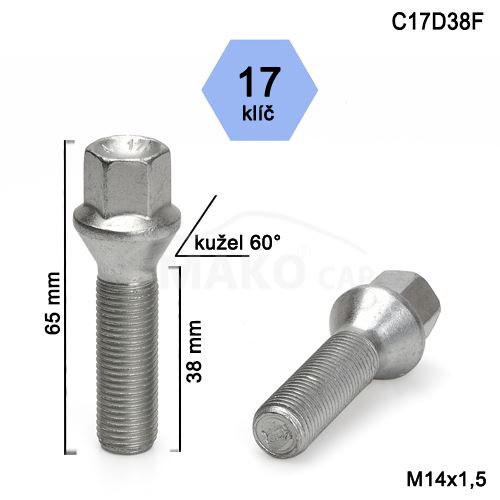 Kolový šroub M14x1,5x38 kužel, klíč 17 (C17D38-B66L) výška 65mm