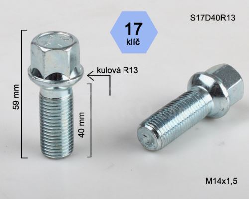 Kolový šroub M14x1,5x40 kulová R13, klíč 17 (S17D40R13)(B1130) výška 59mm (8086)