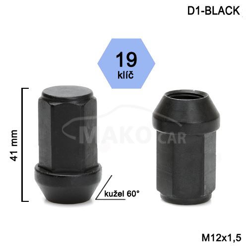 Kolová matice M12x1,5 kužel zavřená prodloužená, klíč 19 (D1-BLACK-DE46/S) výška 41mm