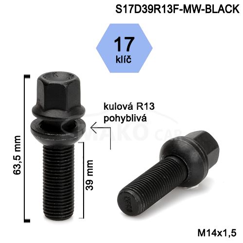 Kolový šroub M14x1,5x39 kulová R13 pohyblivá, klíč 17 (S17D39R13MW-BLACK-WP23) výška 63mm (1)