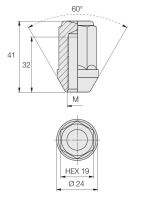Kolová matice M12x1,25 kužel zavřená prodloužená, klíč 19 (D3 DE47/S) výška 41mm (6037)