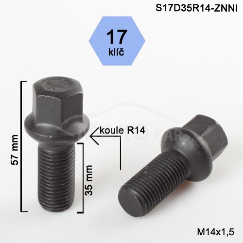 Kolový šroub M14x1,5x35 kulová R14, klíč 17 (S17D35R14-BLACK-SZ1M) výška 57mm