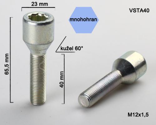 Kolový šroub M12x1,5x40 kužel, vnitřní mnohohran, hlava 23mm (VSTA40) výška 65,5mm (3345)