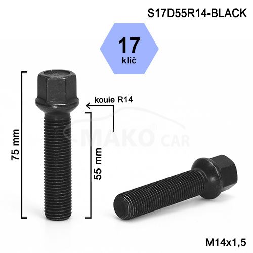 Kolový šroub M14x1,5x55 kulová R14, klíč 17 (S17D55R14-BLACK-B581B) výška 75mm