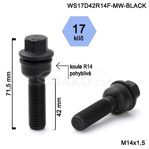 Kolový šroub M14x1,5x42 kulová R14 pohyblivá, klíč 17 (WS17D42R14MW-BLACK-BPP1) výška 71mm