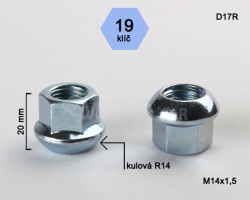 Kolová matice M14x1,5 kulová R14 otevřená, klíč 19 (D17R14)(N253) výška 20mm (8196)