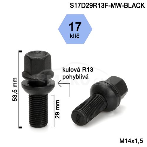 Kolový šroub M14x1,5x29 kulová R13 pohyblivá, klíč 17 (S17D29R13MW-BLACK-WP20) výška 53mm (1)