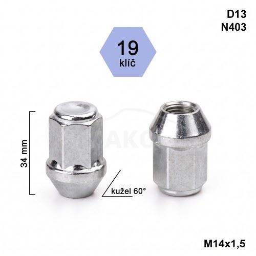 Kolová matice M14x1,5 kužel zavřená, klíč 19 (D13)(AD/S)(N403) výška 34mm (3302)