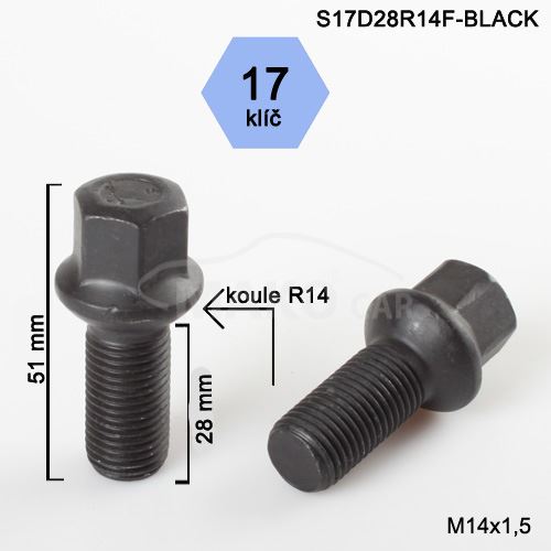 Kolový šroub M14x1,5x28 kulová R14, klíč 17 (S17D28R14-BLACK-SZAM) výška 51mm