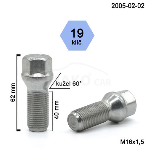 Kolový šroub M16x1,5x40 kužel, klíč 19 (2005-02-B100)(B1053) výška 62mm