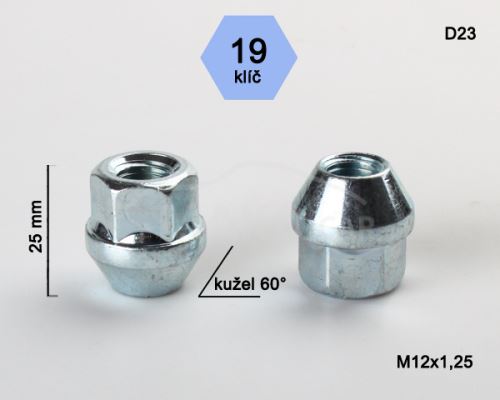 Kolová matice M12x1,25 kužel otevřená, klíč 19 (D23)(DE42/S) výška 25mm (3383)