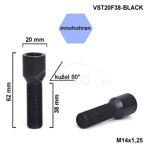 Kolový šroub M14x1,25x38 kužel, vnitřní mnohohran (VST20F38-BLACK) výška 62mm