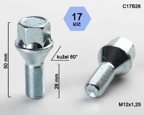 Kolový šroub M12x1,25x26 kužel, klíč 17 (C17B26)(M1225KE26S) výška 50mm (3472)
