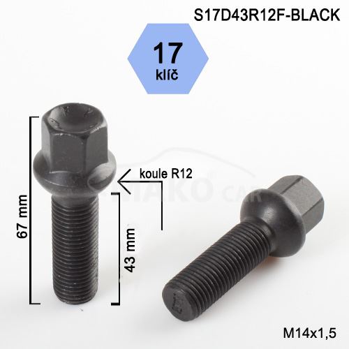 Kolový šroub M14x1,5x43 kulová R12, klíč 17 (S17D43R12-BLACK-LG8) výška 67mm