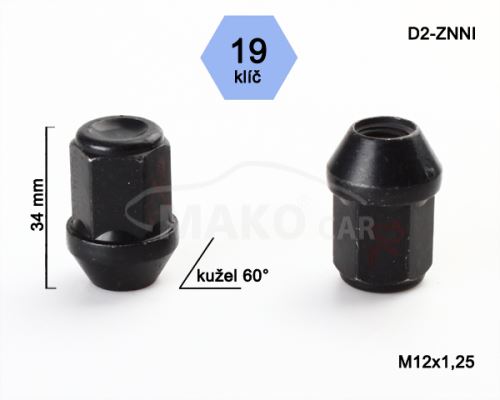 Kolová matice M12x1,25 kužel zavřená, klíč 19 (D2-BLACK)(RD12/S) výška 34mm (3389)